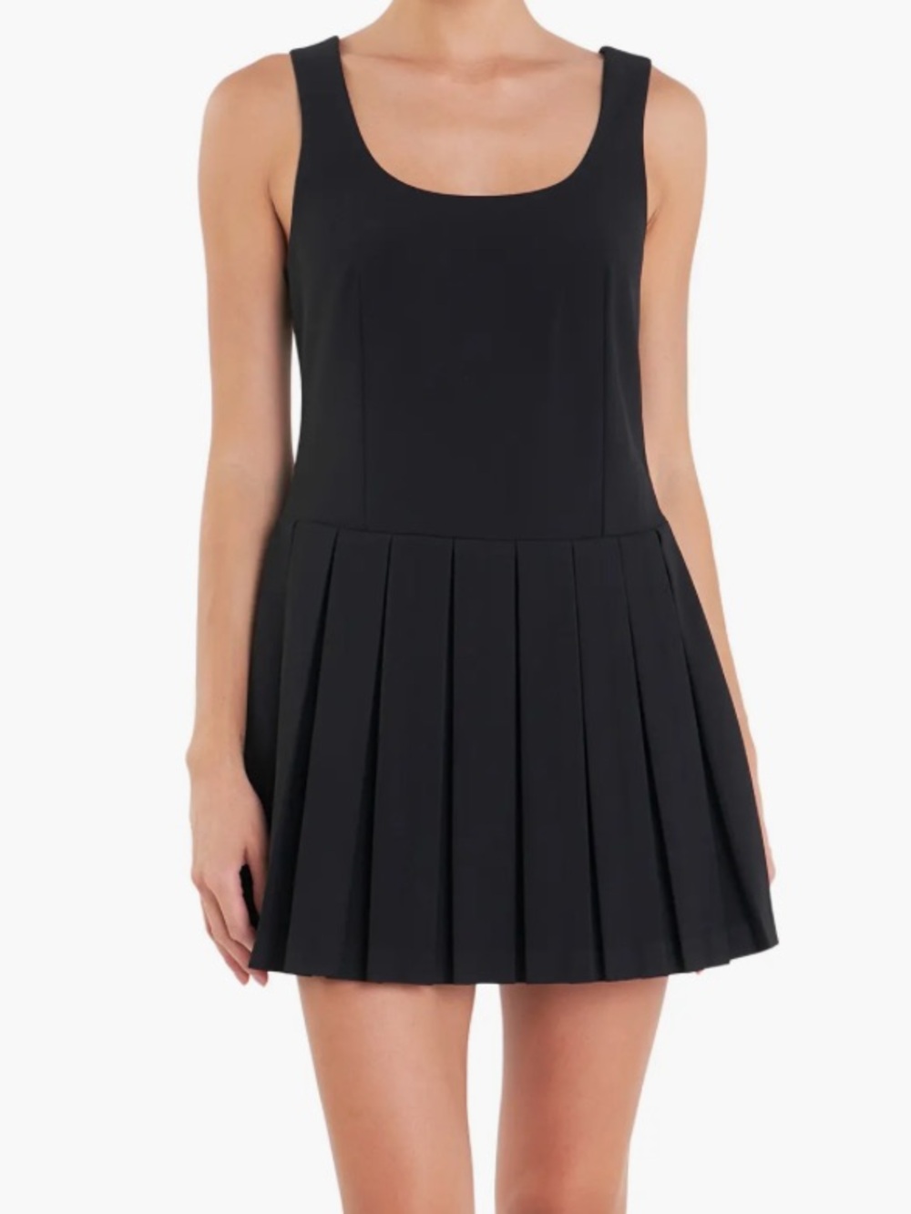English Factory Classic Black U-Neck Pleated Sleeveless Tank Mini Dress